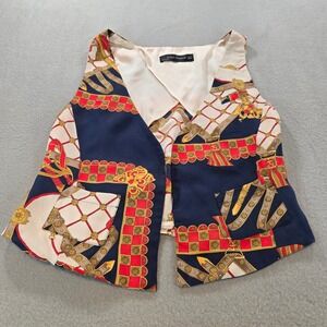 Zara Silk Scarf Print Vest Womens Small Navy Red Equestrian Waistcoat Spain